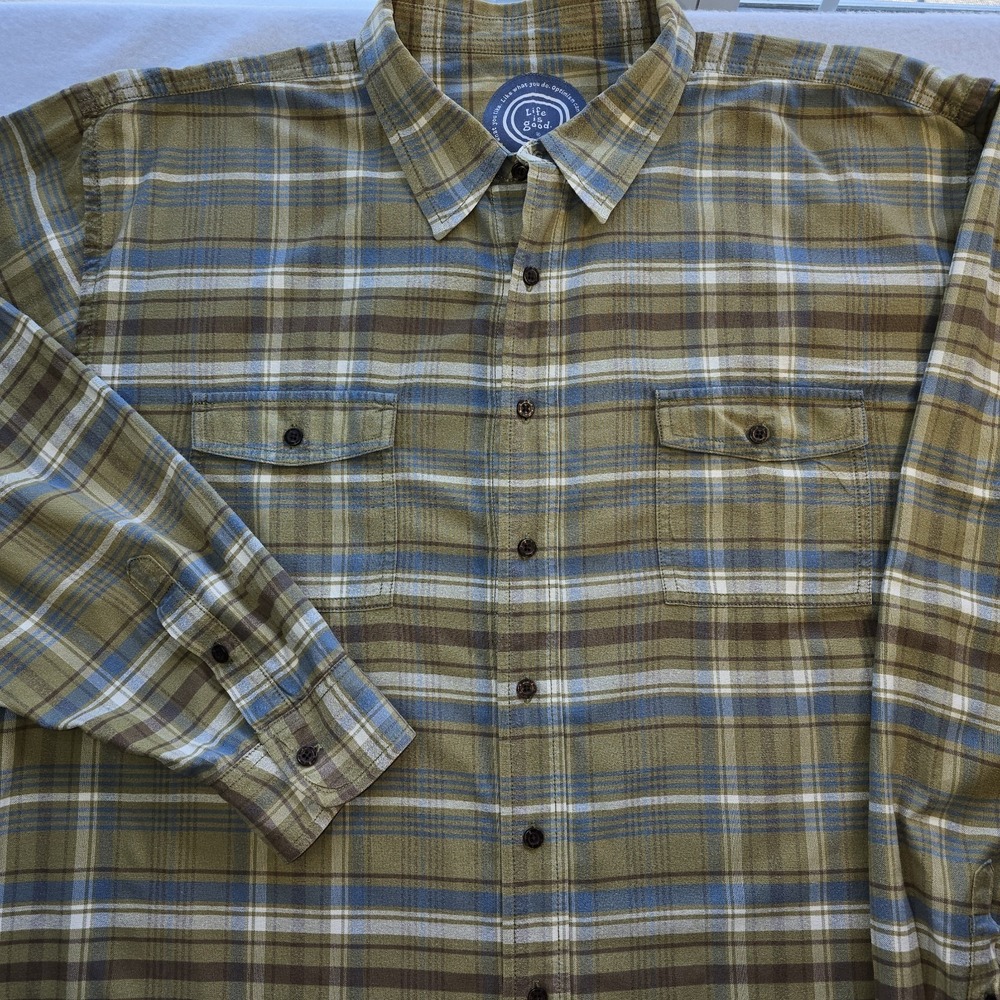 Life is‎ Good Mens XXL Flannel Shirt Plaid Olive Green Blue Soft Cotton Shacket